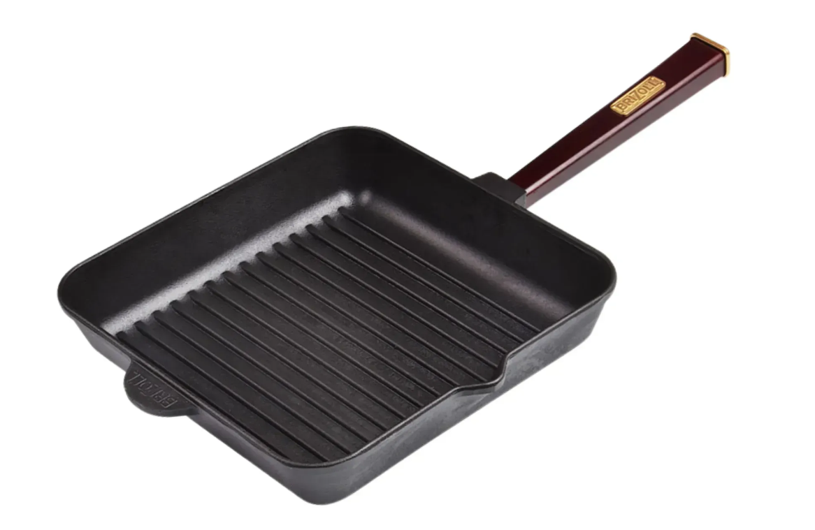 Сковорода чугунная Brizoll квадратна гриль Optima с деревянной ручкой Bordo 280x280x50 мм