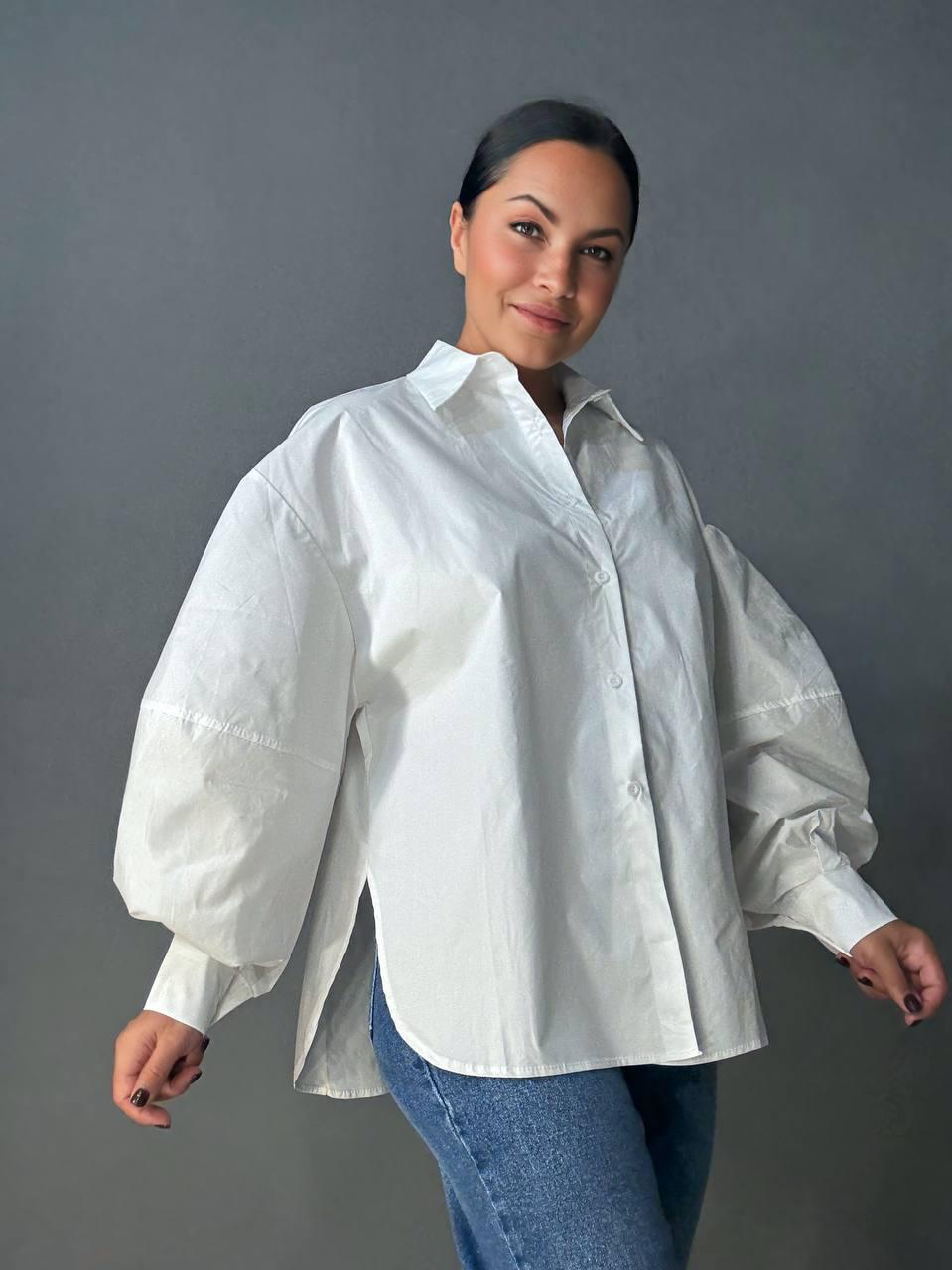 Рубашка женская Lan Lan 7503 оверсайз широкая длинная с пышным рукавом OS Белый (4909)
