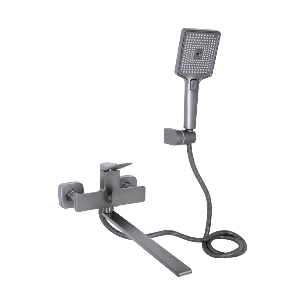 Змішувач для ванни з довгим поворотним виливом з душовим гарнітуром Qtap Presto Graphite (45583)