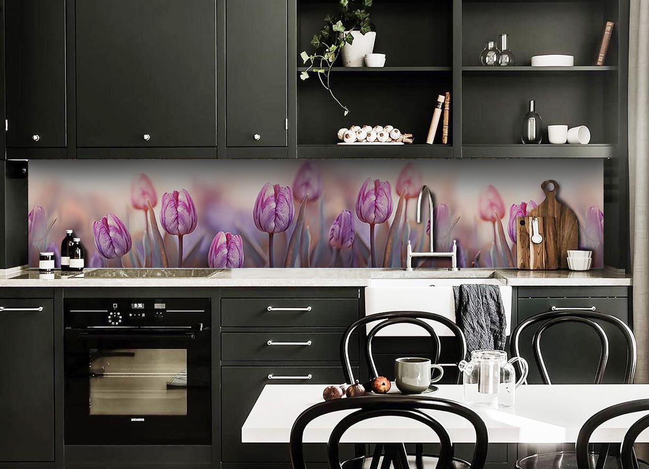 Кухонный фартук Утро и тюльпаны бутоны из самоклеющейся виниловой пленки 65х250 см Фиолетовый