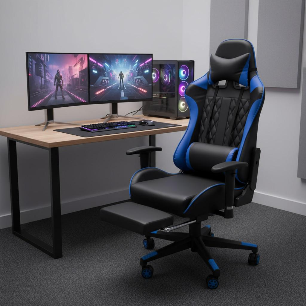 Геймерське крісло з масажером подушками під спину та голову з підставкою для ніг Чорний/Синій (G900 (7)