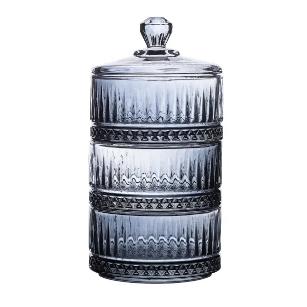 Цукерниця трирівнева скляна з кришкою ребриста Сірий (HP-YH-76)