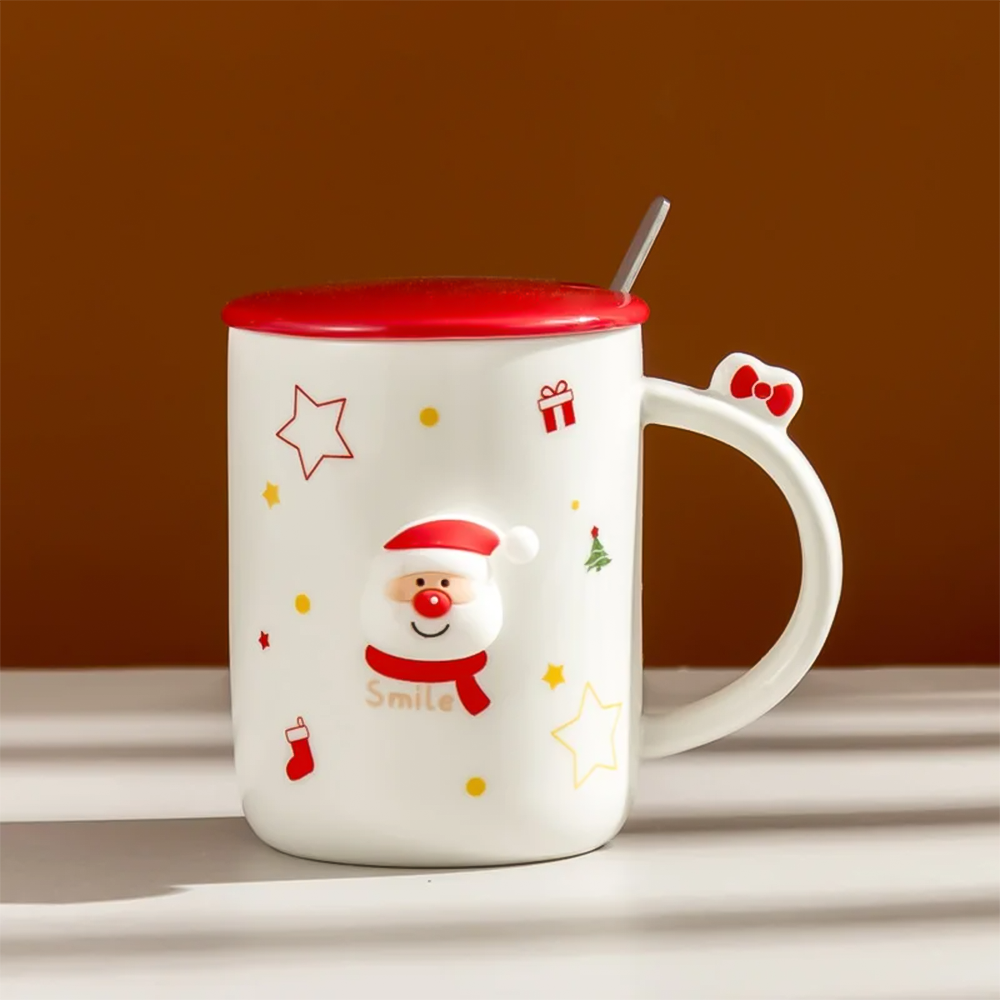 Чашка новогодняя с крышкой и ложкой Санта Smile керамика 360 мл Белый - фото 8