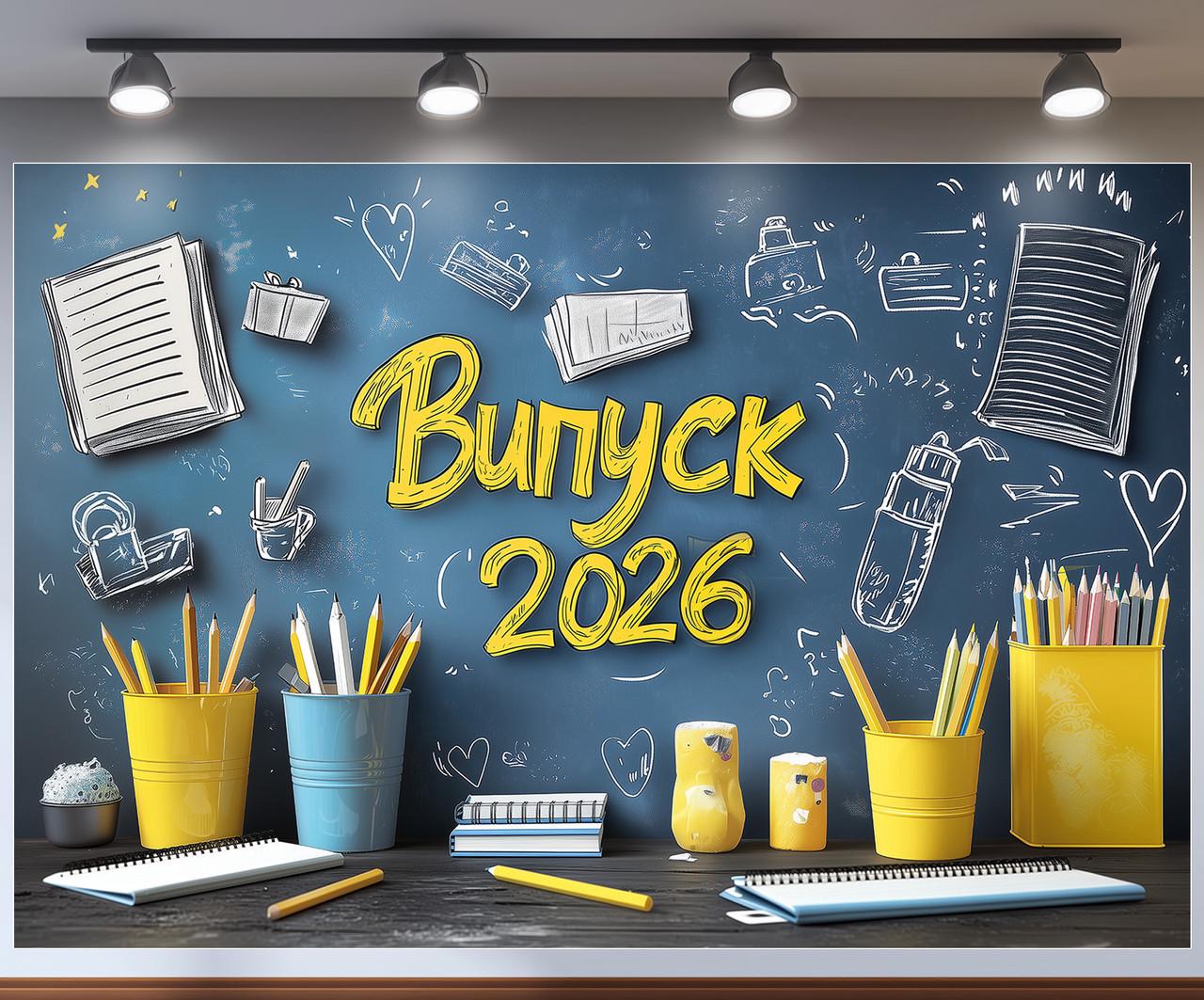 Баннер для фотозоны "Випускний 2026" синяя доска с желтыми стаканами для карандашей и рисунками 300x200 см №41320 Баннер для фотозоны "Випускний 2026" синяя доска с желтыми стаканами для карандашей и рисунками 300x200 см №41320