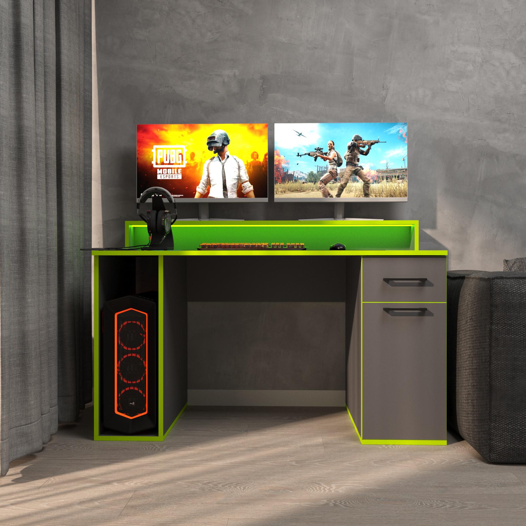 Компьютерный стол Mebellini Комбо MODERN 1650х710/860х600 мм Анрацит с зеленой кромкой (арт.SKEP1000-090) - фото 1 Компьютерный стол Mebellini Комбо MODERN 1650х710/860х600 мм Анрацит с зеленой кромкой (арт.SKEP1000-090) - фото 1