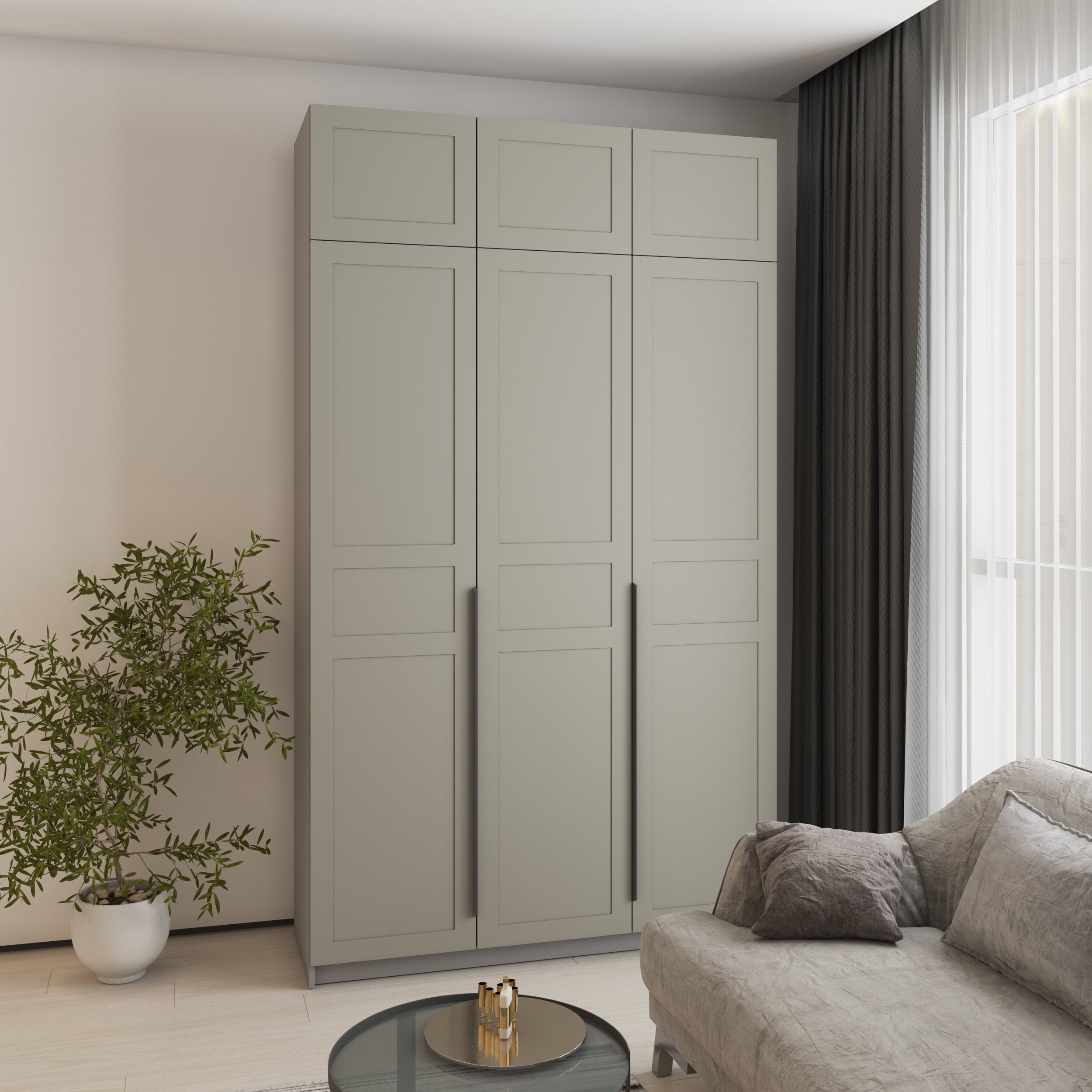Шкаф 3-дверный MebelStar с антресолью Оскар МДФ Квадро BL-B с ящиками 150x52x260 см Серая мышка/Серый софт (MBS-6222)