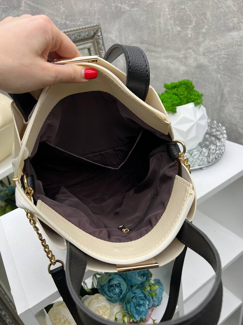 Сумка большая женская элегантная вместительная через плечо из экокожи плечевой ремешок Бежевый с черным - фото 6 Сумка большая женская элегантная вместительная через плечо из экокожи плечевой ремешок Бежевый с черным - фото 6