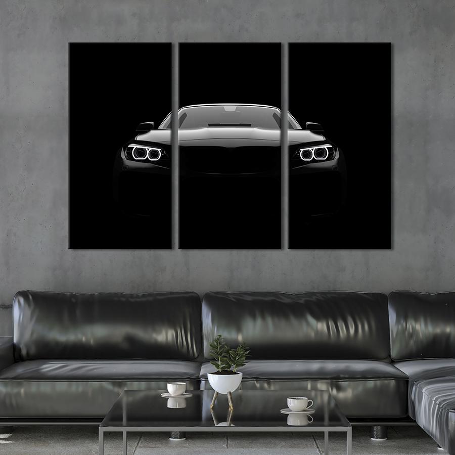 Картина на холсте триптих Таинственный чёрный автомобиль 128x81 см (1323-31)
