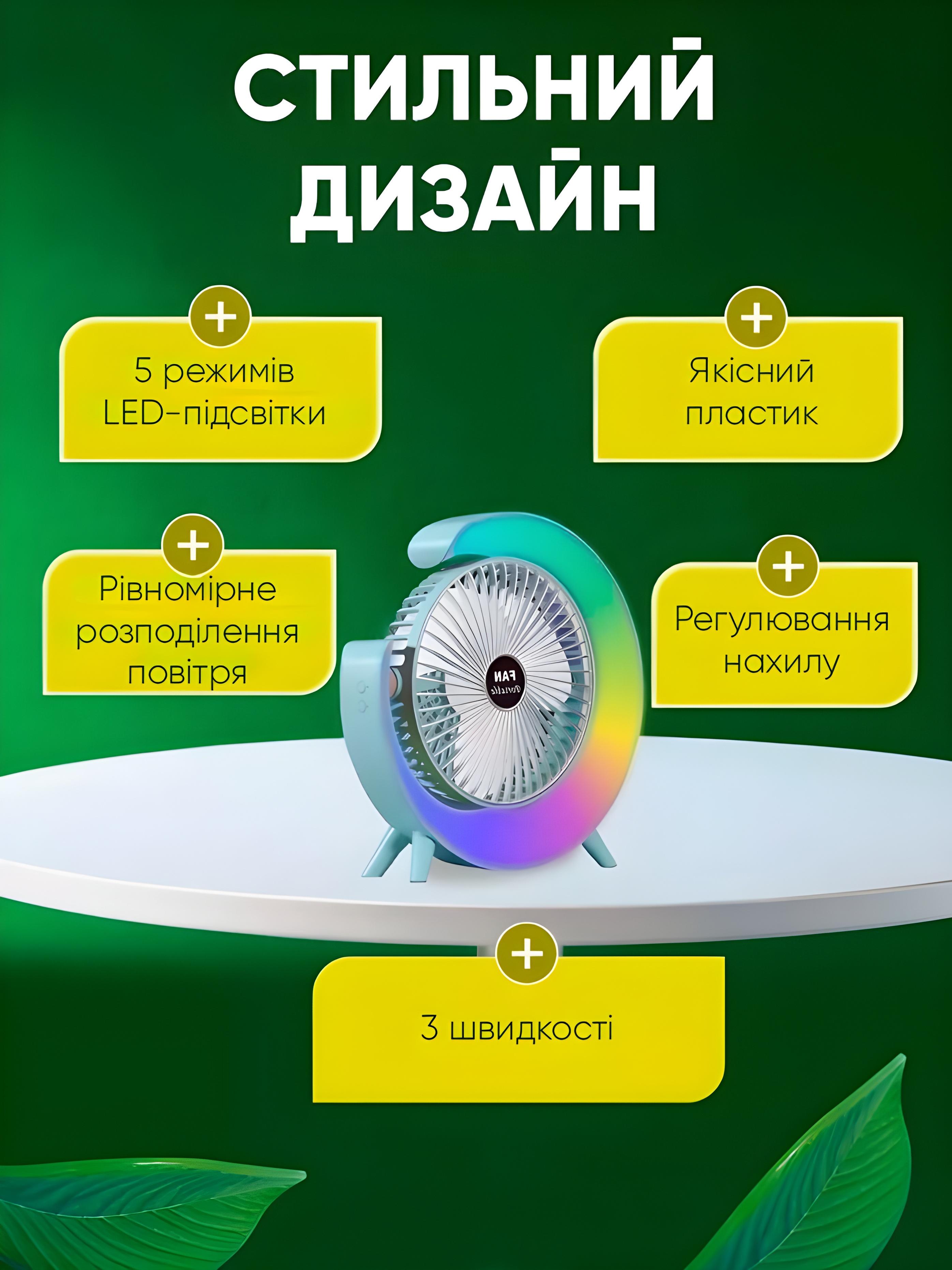 Вентилятор настільний BRS з кольоровим RGB підсвічуванням 3 режими швидкості 180° USB Blue (500952689) - фото 3