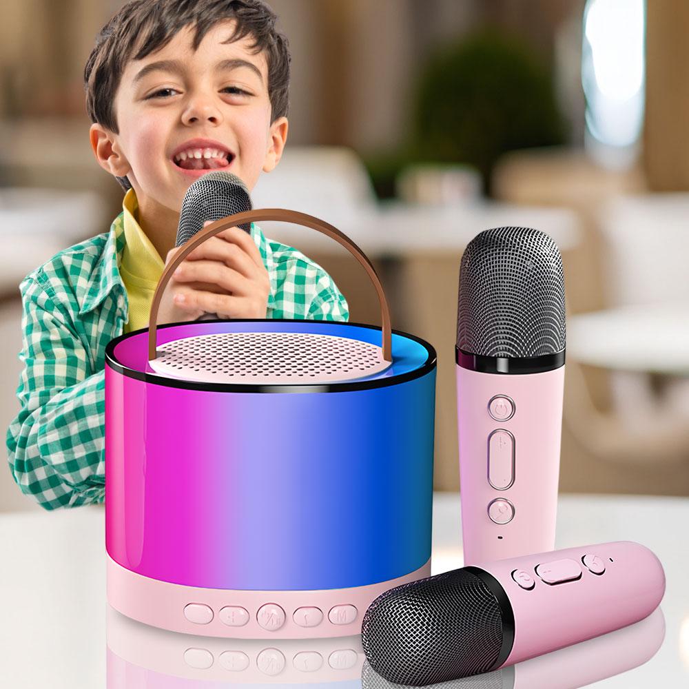 Колонка портативная K52 с Bluetooth и 2 караоке микрофонами RGB подсветка Розовый - фото 2