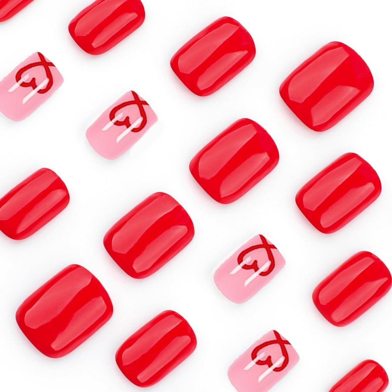 Накладные ногти с сердцем квадрат средней длины с клеевыми пластинами 24 шт. Алый (2789190676) - фото 6