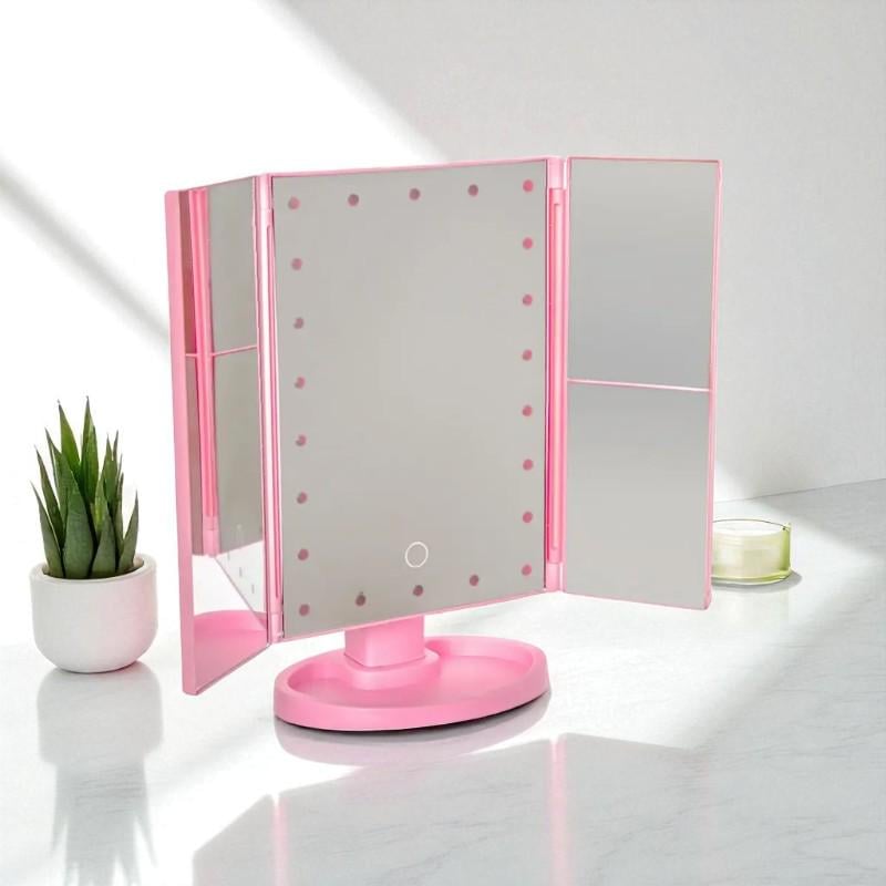 Зеркало тройное для макияжа Magnifying Mirror с LED подсветкой прямоугольное с увеличением Розовый