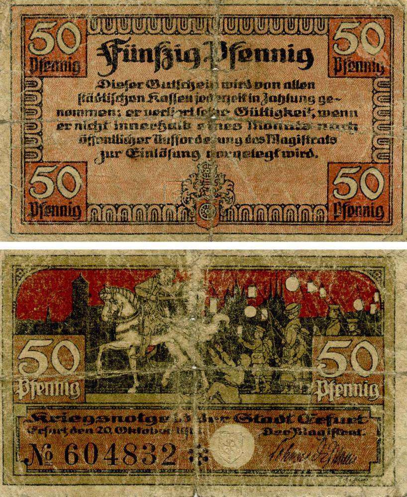 Коллекционная банкнота Германия Нотгельд 50 пфеннигов G-VG Эрфурт (Б18682)