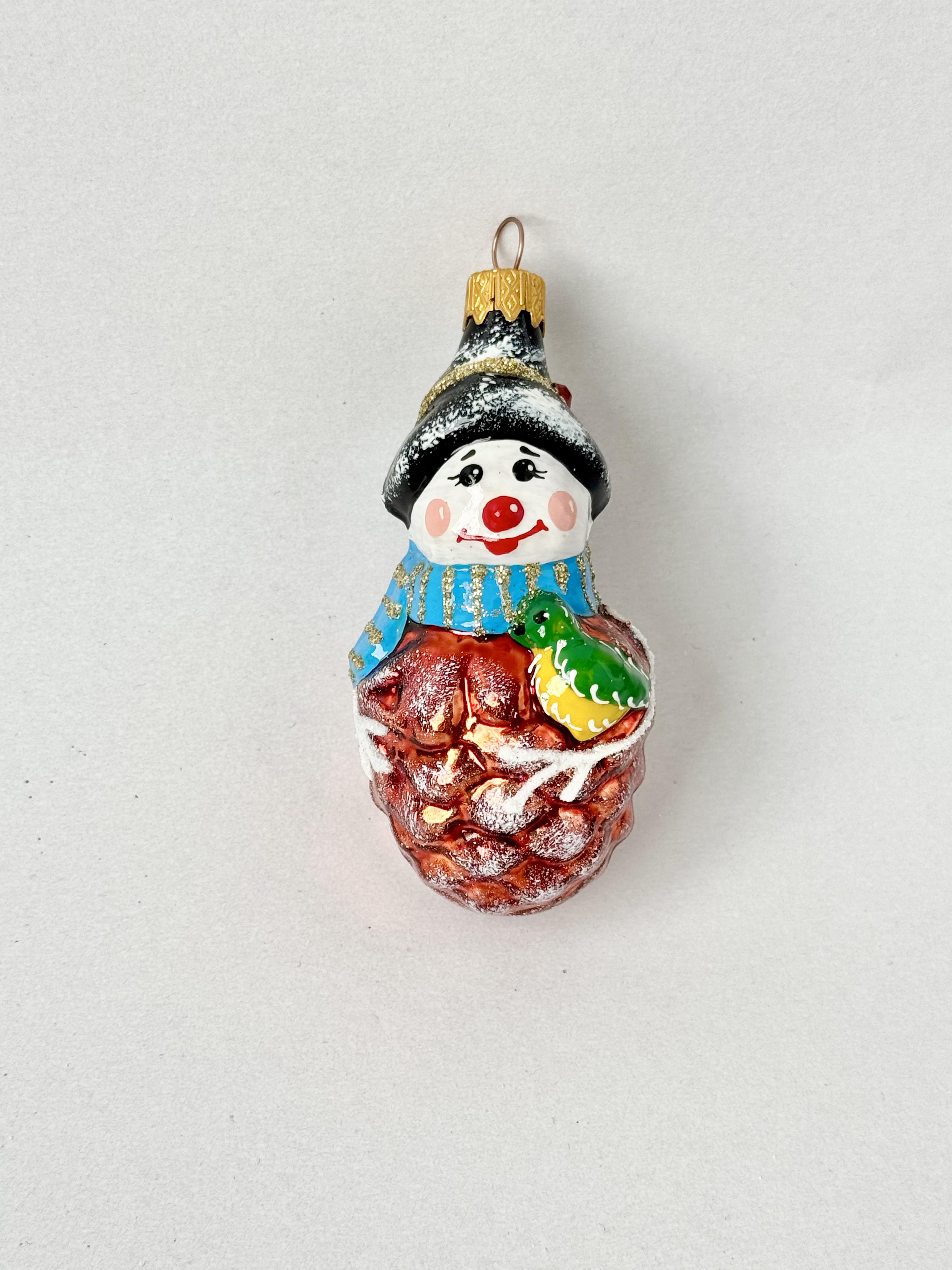 Игрушка на елку стеклянная Снеговик-шишка 10х5 см (F-232-1) Игрушка на елку стеклянная Снеговик-шишка 10х5 см (F-232-1)