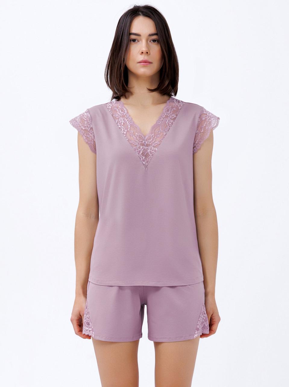 Піжама жіноча Roksana футболка/шорти з мереживом бавовняна XL Рожевий (1725/16158)