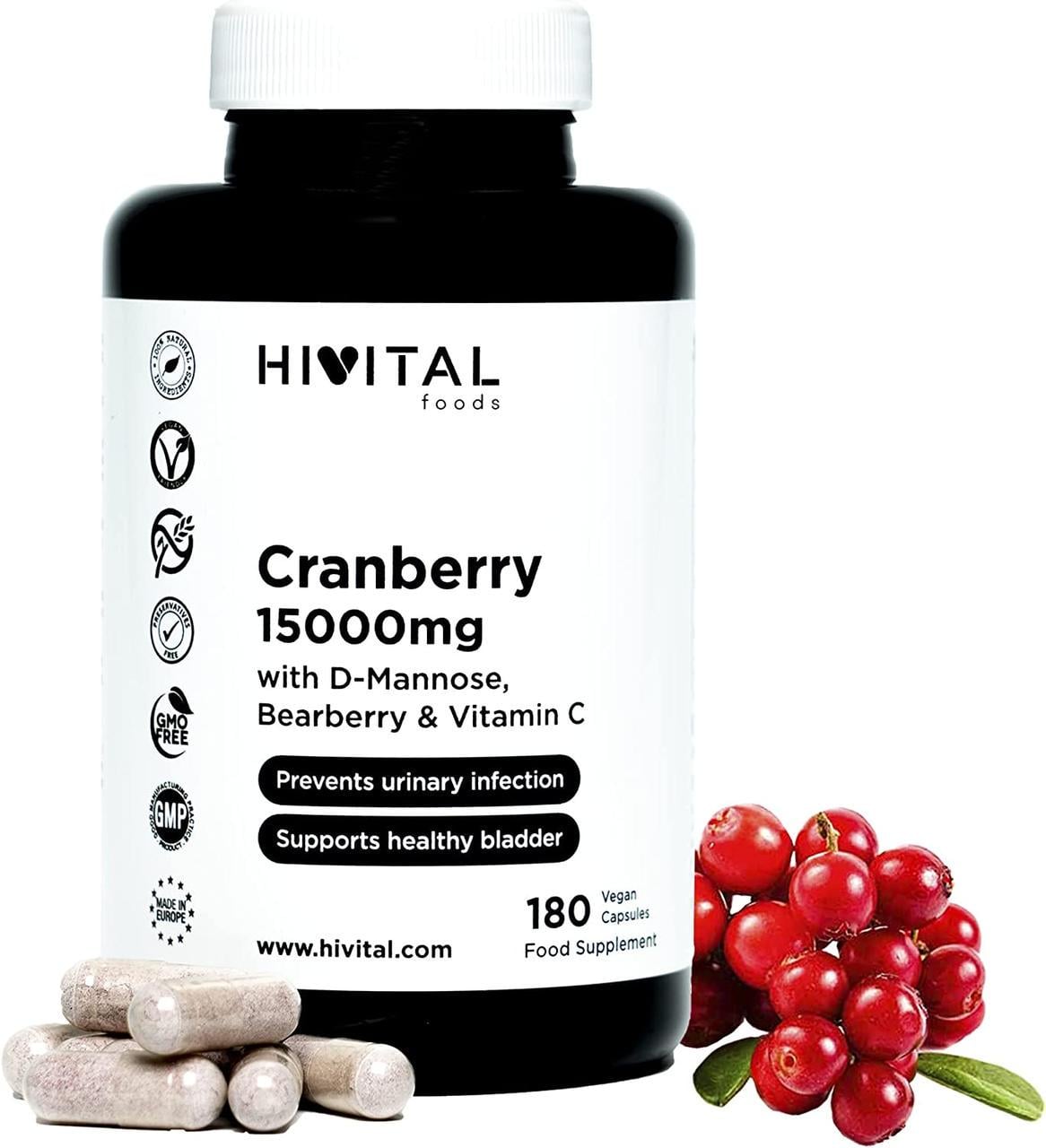 Вітаміни для імунітету Hivital Foods Американська червона журавлина 15000 мг 180 капс. (50090HFUSAC180K)