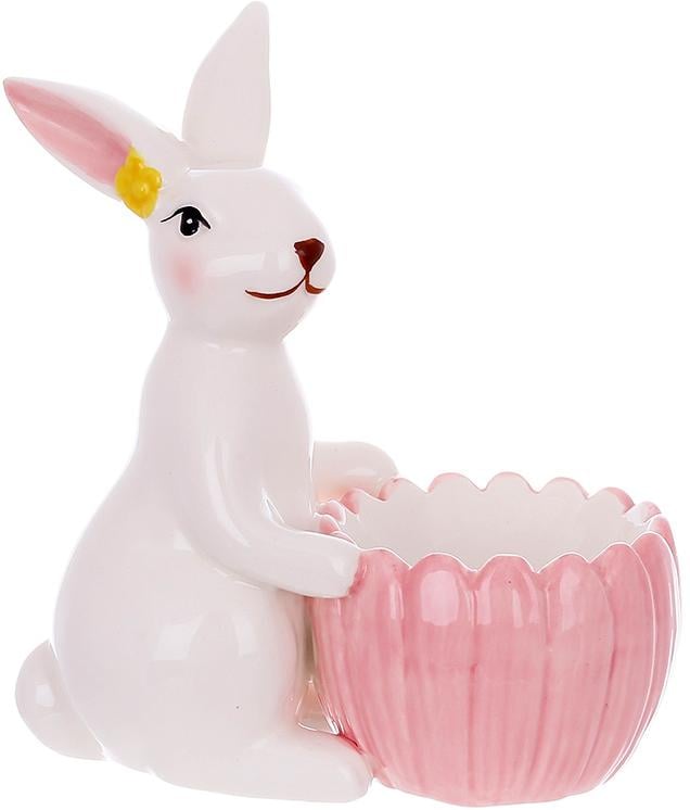 Подставка керамическая для яйца милый кролик 13 см. Белый с розовым.