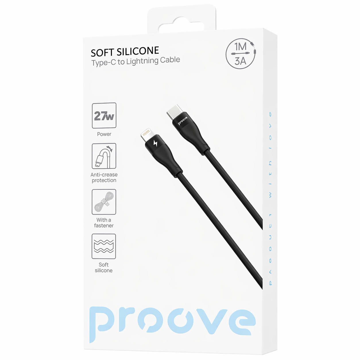 Кабель Proove Soft Silicone Type-C to Lightning CCSO27002101 27W 480 Мбит/c Soft-Touch застежка 1 м Черный (8003)