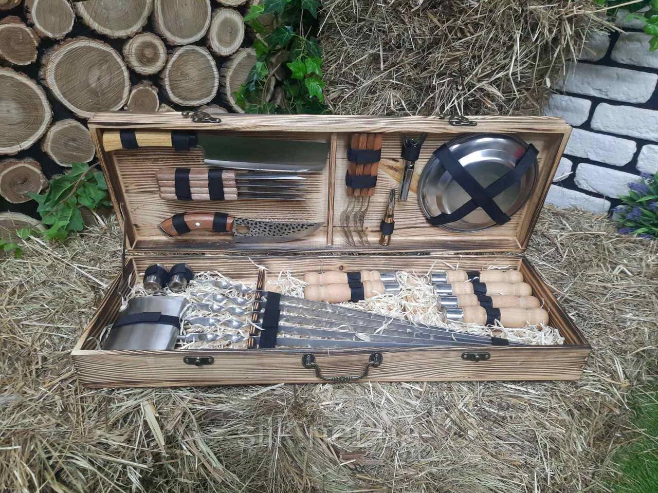 Набор разборных шампуров для мяса Profi с комплектом аксессуаров в деревянном кейсе 650х12х2,5 мм 6 шт. (12334934)