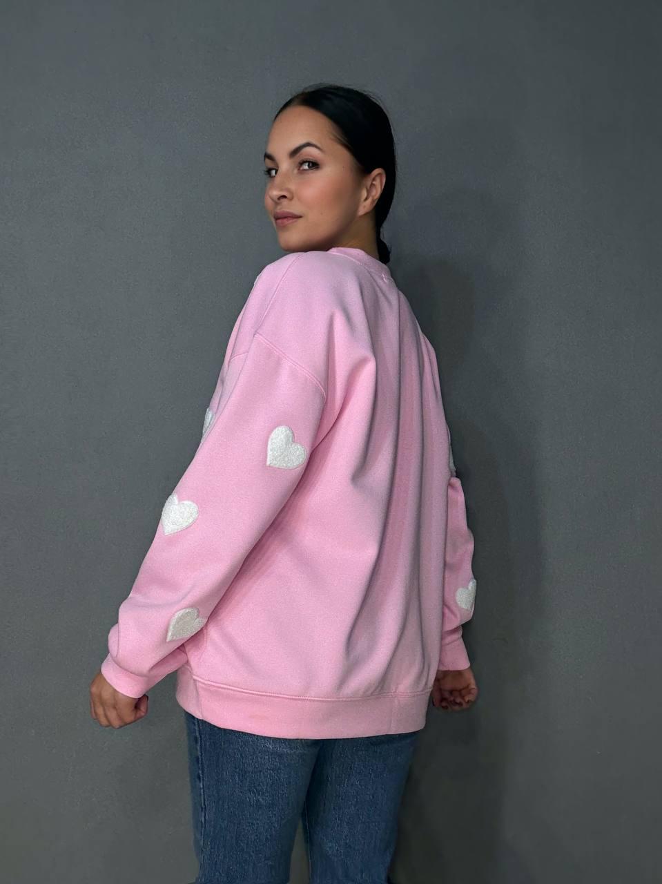 Свитшот женский W 2975 удлиненный махровые сердца OS Розовый (2408) - фото 2 Свитшот женский W 2975 удлиненный махровые сердца OS Розовый (2408) - фото 2