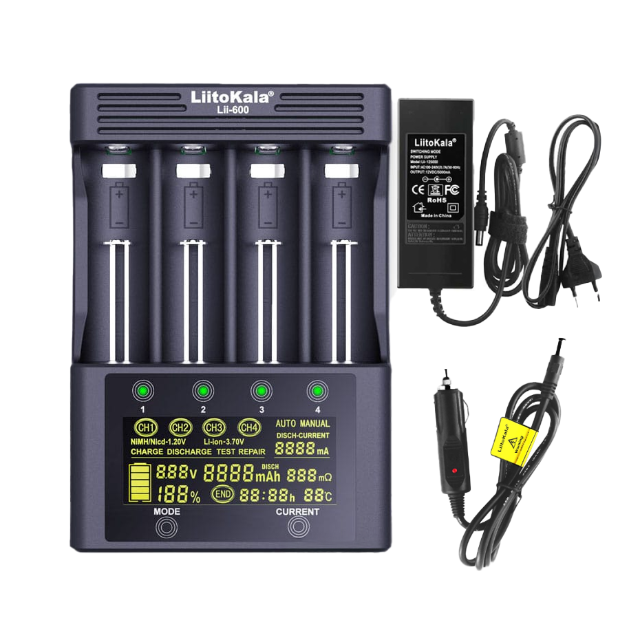 Зарядное устройство LiitoKala Lii-600 для аккумуляторов на 4 слота с LCD-дисплеем/с кабелем от прикуривателя (001063)
