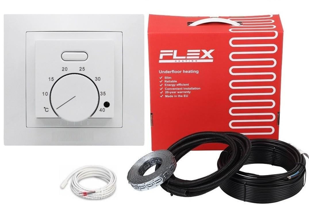 Кабель нагревательный FLEX 10 м²-12 м²/1750 Вт/100 м с механическим белым терморегулятором AC308