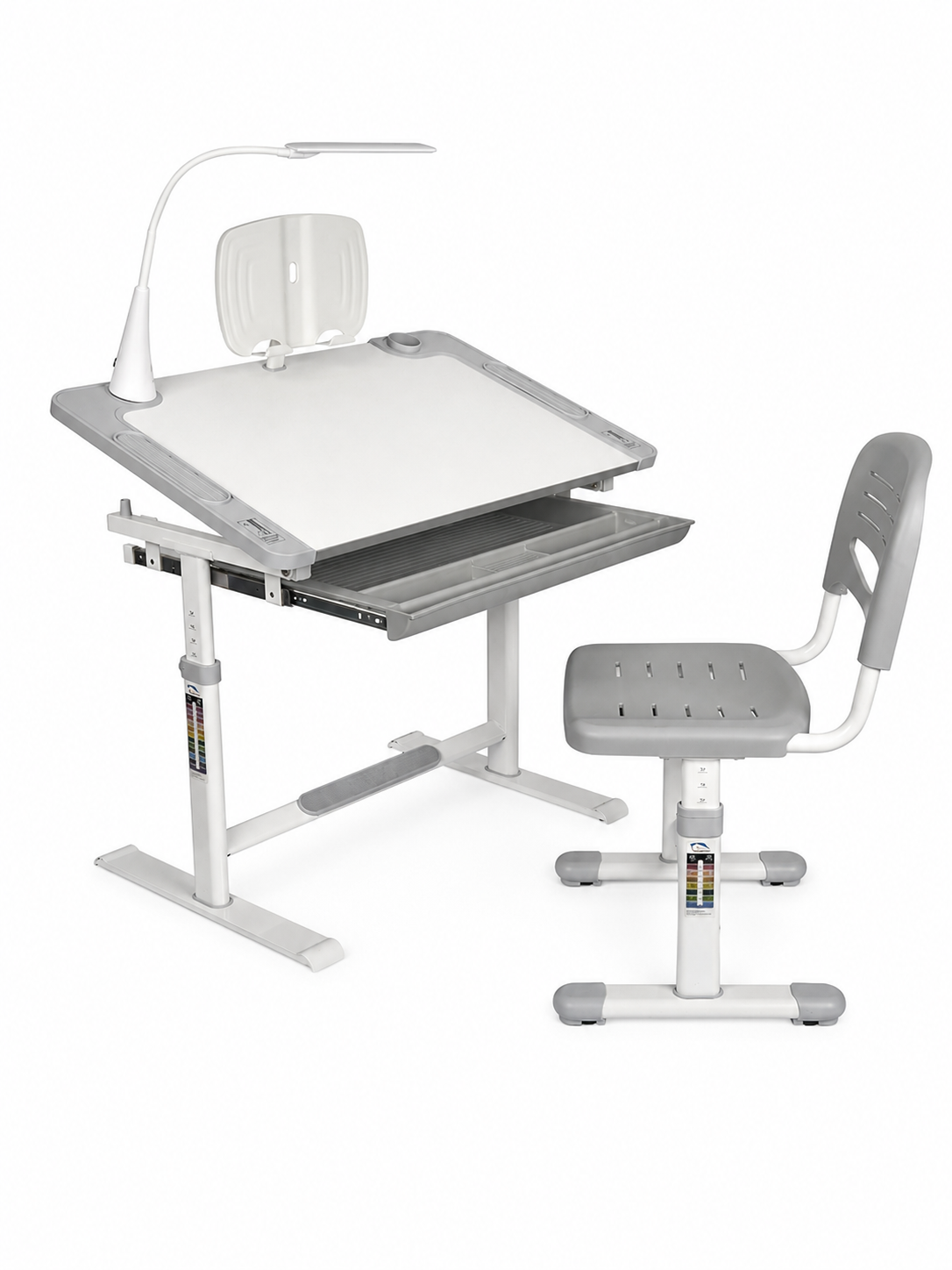 Парта детская со стулом регулируемая по высоте/наклонной столешнице/LED-лампе и подставке для книг Серый (49676363)
