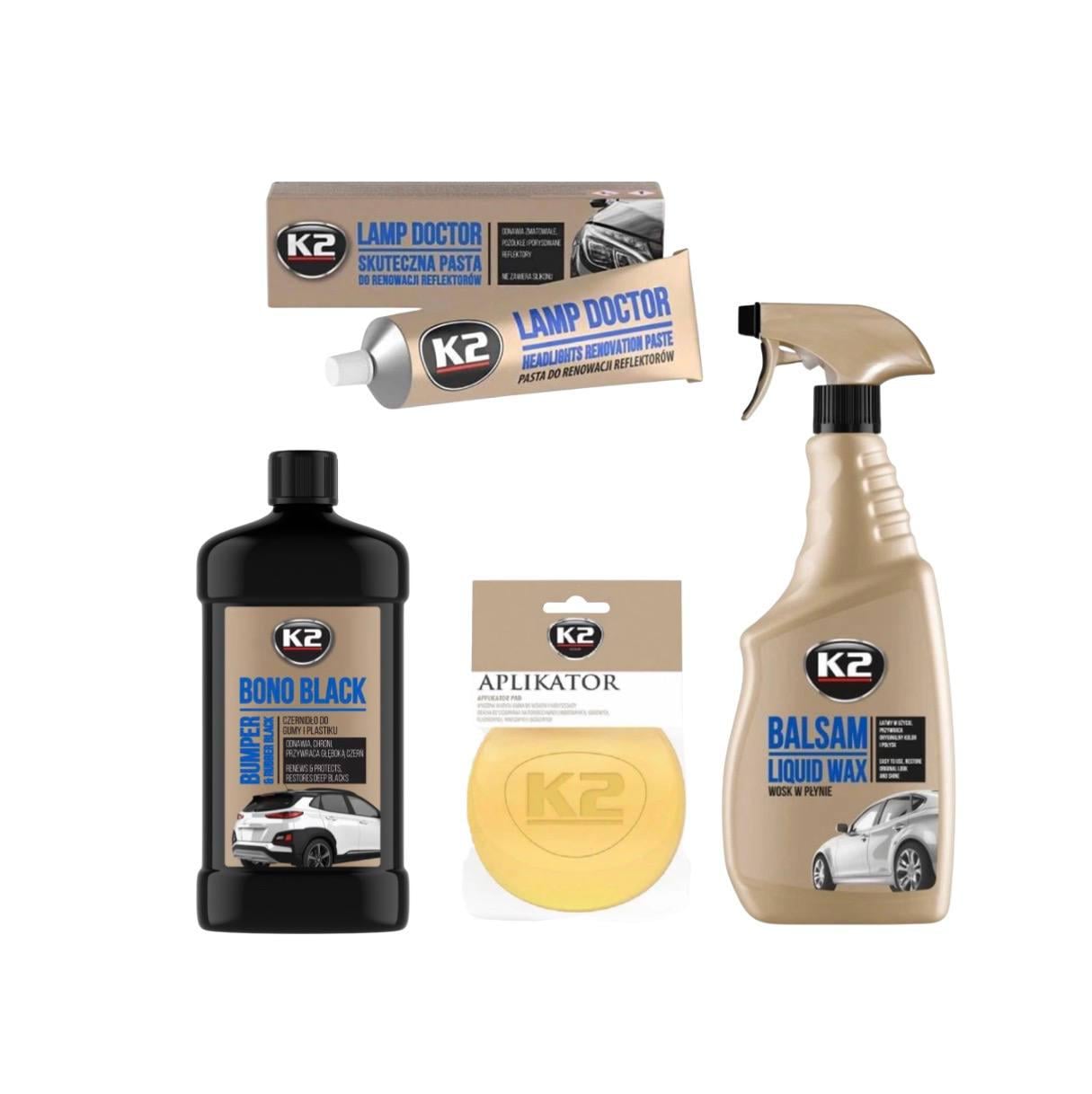 Набір для догляду за кузовом та пластиком автомобіля K2 Balsam Liquid Wax/K2 Bono Black/K2 Lamp Doctor/аплікатор Набір для догляду за кузовом та пластиком автомобіля K2 Balsam Liquid Wax/K2 Bono Black/K2 Lamp Doctor/аплікатор