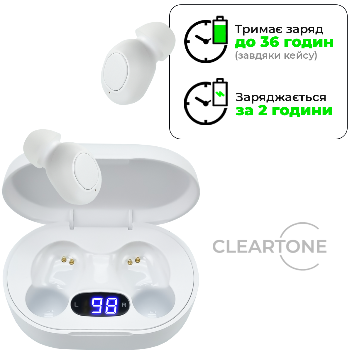 Слуховий апарат CLEARTONE V100 з двома TWS навушниками та портативним боксом для зарядки White - фото 4