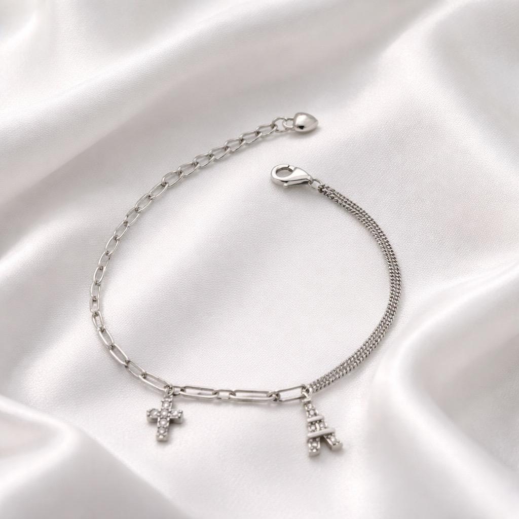 Браслет срібний подвійний з хрестиком та підвіскою у формі Ейфелевої вежі р. 17-20 см