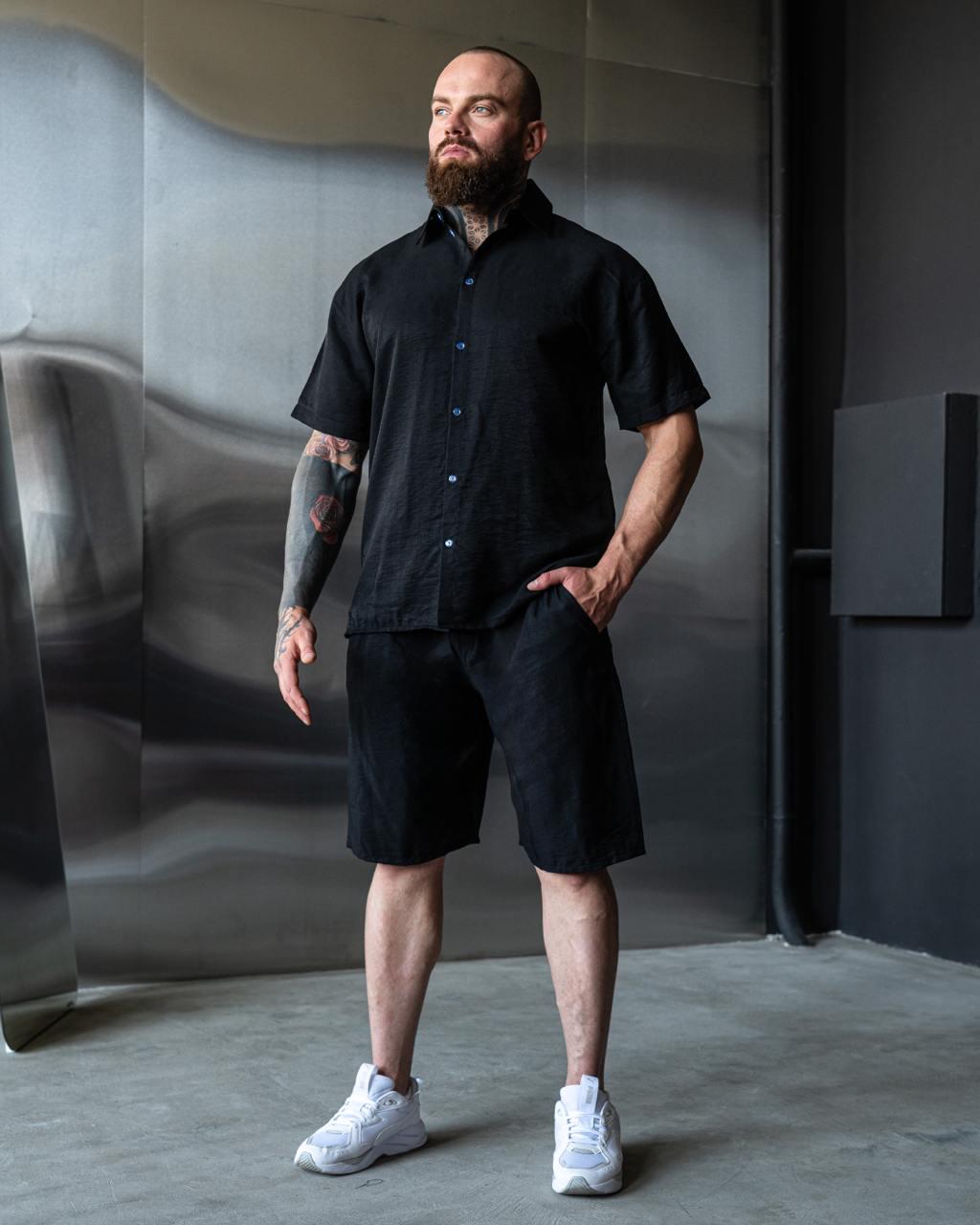 Комплект мужской летний льняной жатка M Черный (24877/1) - фото 2