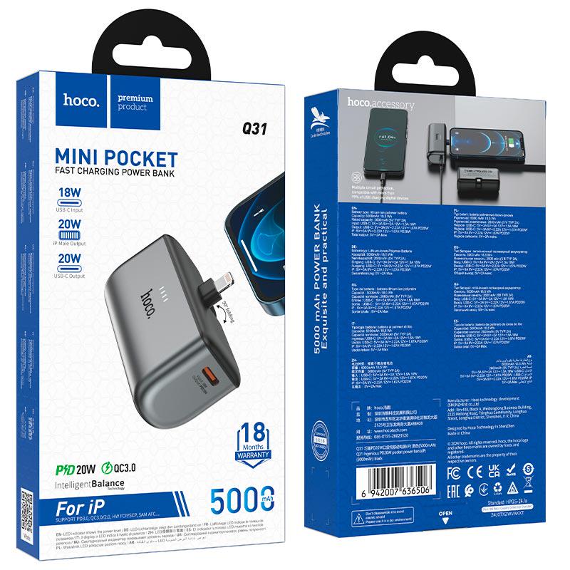 Зарядний пристрій портативний з LED-індикатором Hoco Q31 5000mAh із вбудованим кабелем Lightning Black (82dfc763) - фото 4