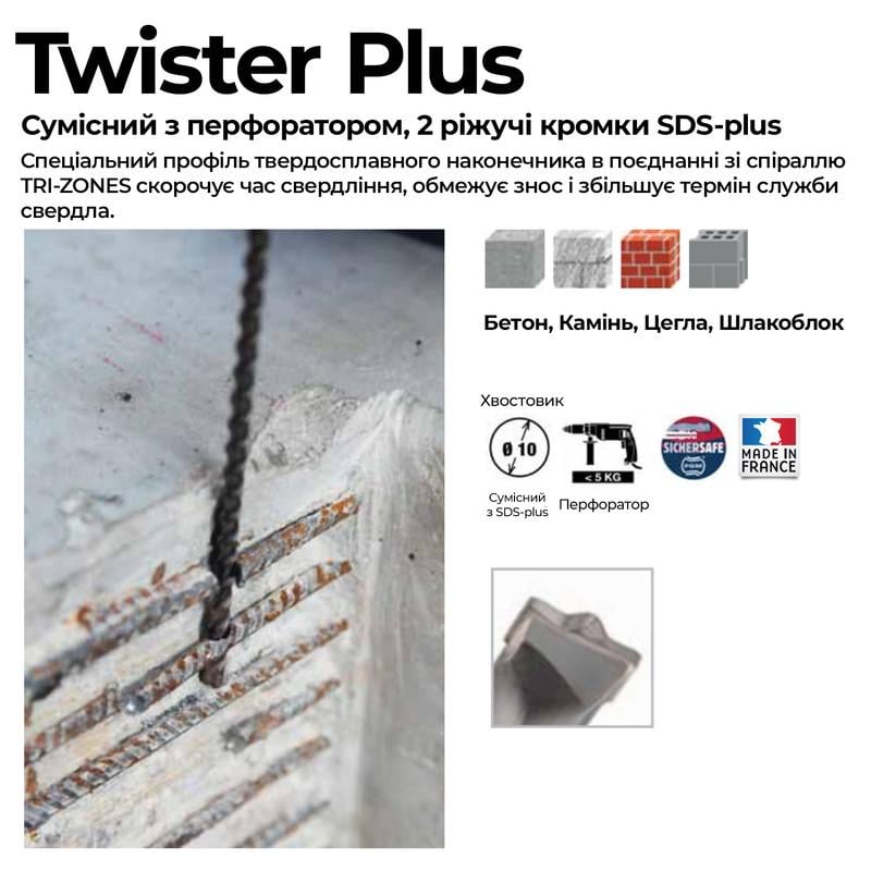 Бур DIAGER Twister Plus SDS-Plus Ø15x210 мм робоча довжина 150 мм для бетона/цегли/блоку (SD110110D15L021000) - фото 3