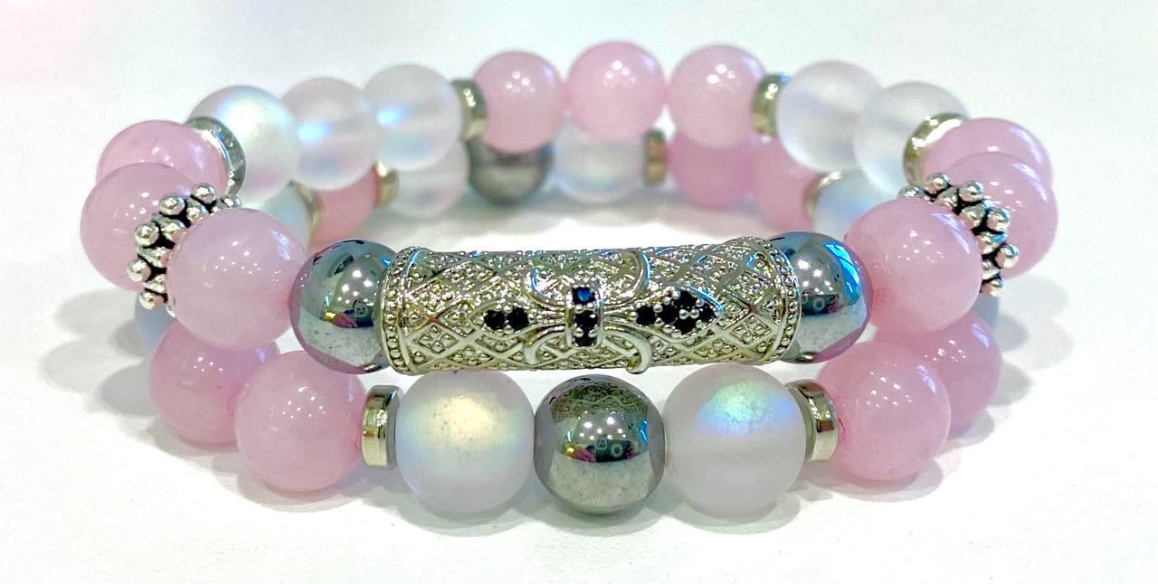 Браслет LITAURS из натурального камня гематит/кварц/австрийский хрусталь М 15-17 см 2 шт. (250702)