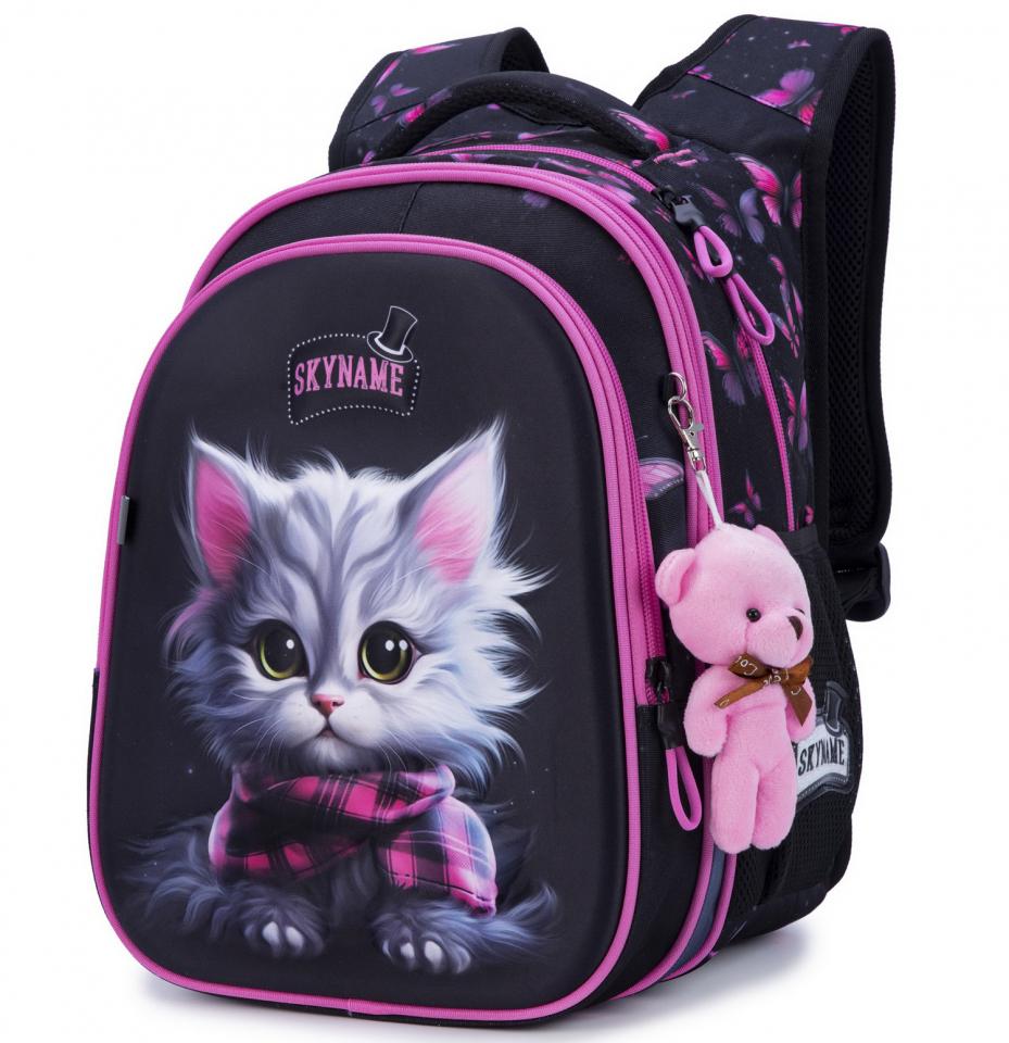 Школьный рюкзак для девочки SkyName Котенок 6-13 лет Черно-розовый (R1-050)