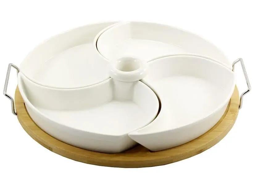 Менажниця порцелянова Interos на підставці 4 секційна 28 см Білий (PJ02043)