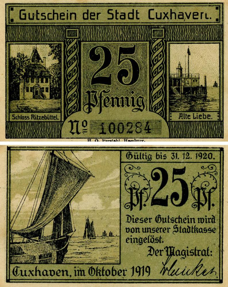 Коллекционная банкнота Германия Нотгельд 25 пфеннигов 1920 F-VF Куксхафен (Б18572)