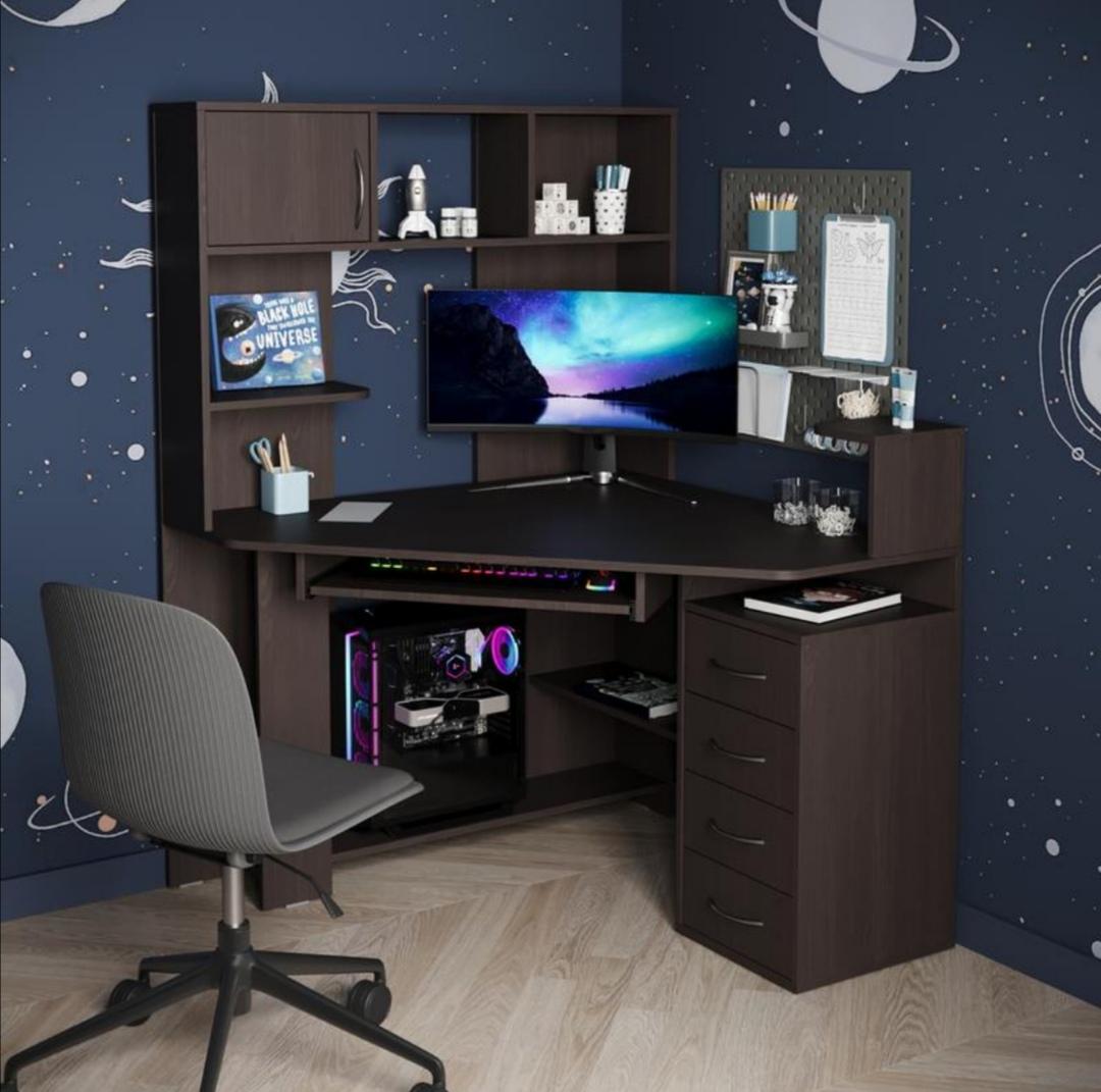 Стіл кутовий комп'ютерний з тумбою та полицями Венге - фото 1 Стіл кутовий комп'ютерний з тумбою та полицями Венге - фото 1
