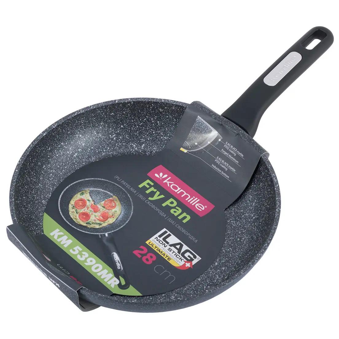 Сковорода Kamille из алюминия с антипригарным покрытием ILAG черный мрамор PTFE для индукции и газа 28 см (KM-5390MR)