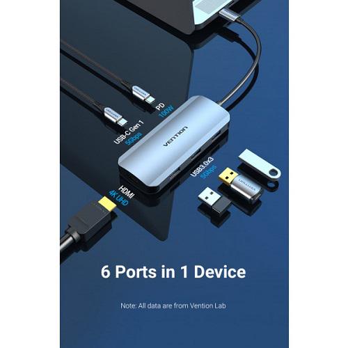 Док-станция Vention TOFHB USB3.1 Type-C HDMI/USB-C Gen 1/USB 3.0x3/PD 100W - фото 2