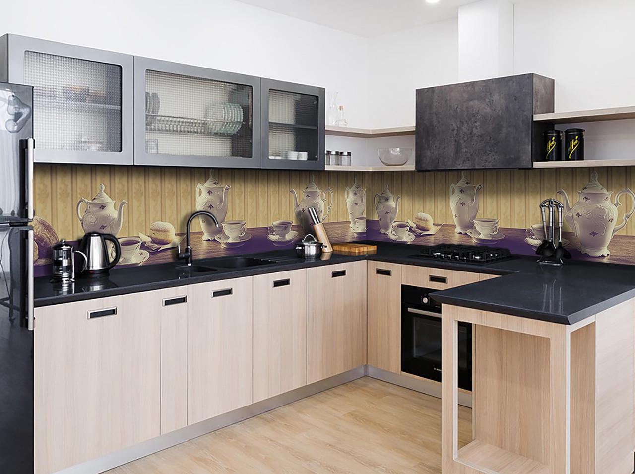 Кухонный фартук Чай с булочками из самоклеющейся виниловой пленки 60х250 см Бежевый