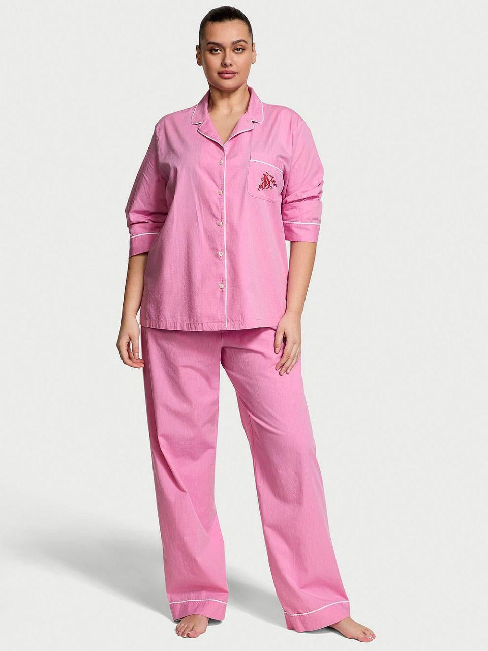 Піжама бавовняна сорочка/штани Victoria's Secret Heritage Cotton Long Pajama Set Short XS Рожевий (26811391D)