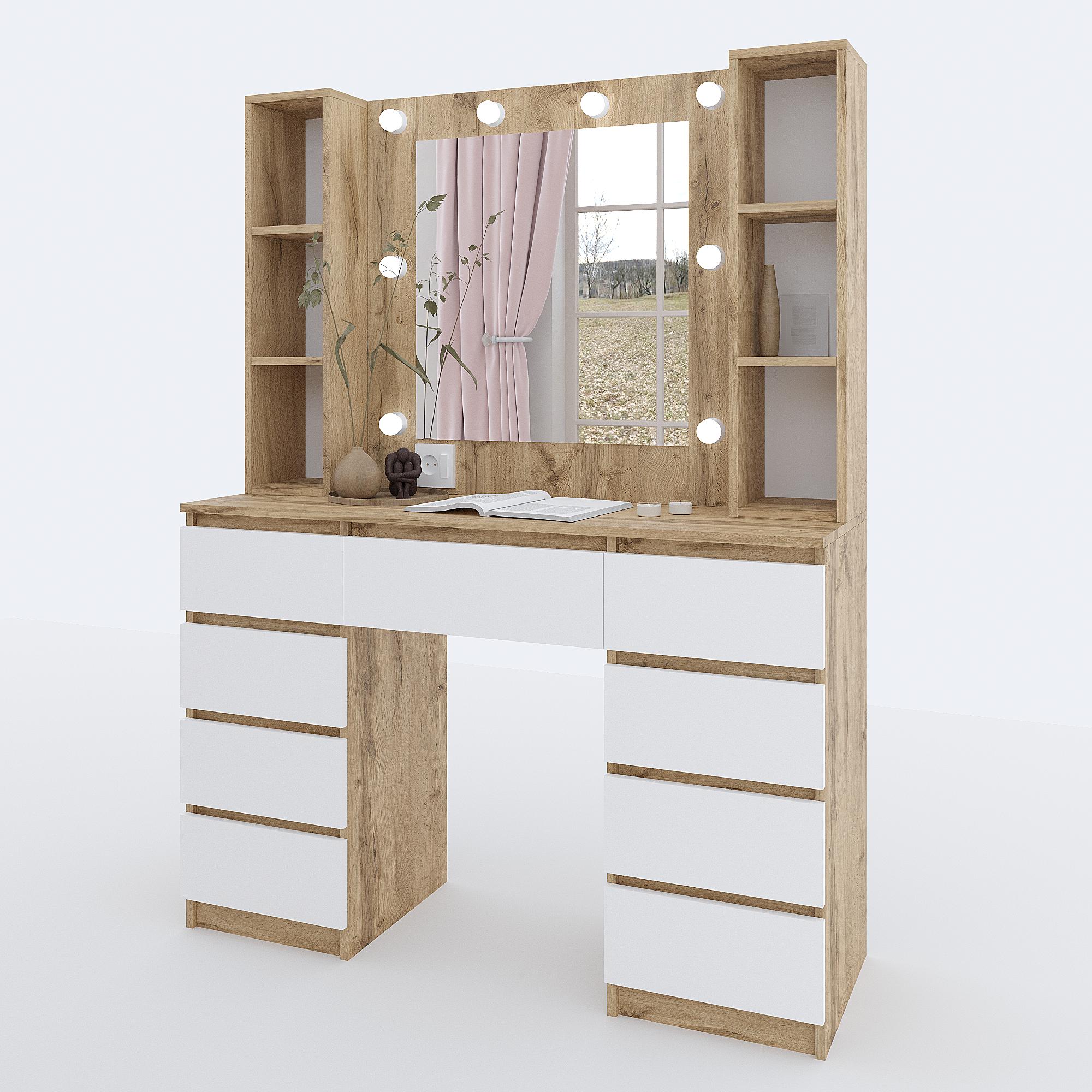 Туалетный столик с подсветкой ТЗ-Лайт Дабл 1600х1200х400 мм Дуб Тахо/Белый - фото 2 Туалетный столик с подсветкой ТЗ-Лайт Дабл 1600х1200х400 мм Дуб Тахо/Белый - фото 2