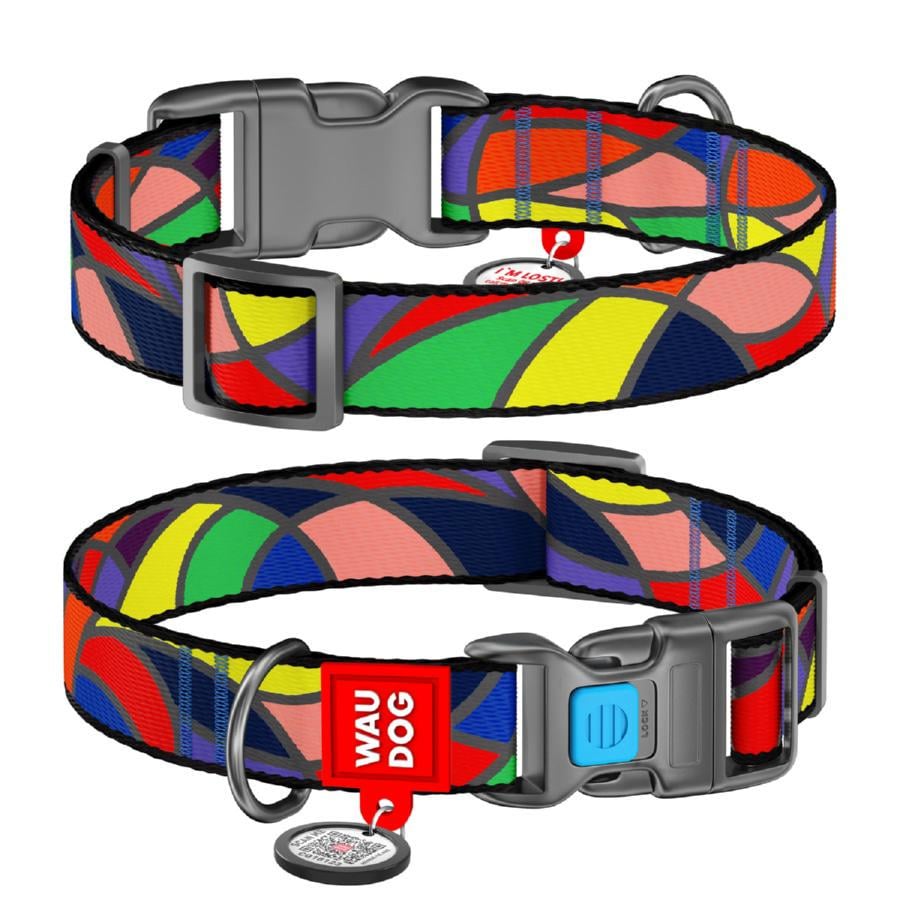 Ошейник для собак нейлоновый Waudog Nylon Витраж с QR паспортом пластиковый фастекс L 25 мм 31-49 см