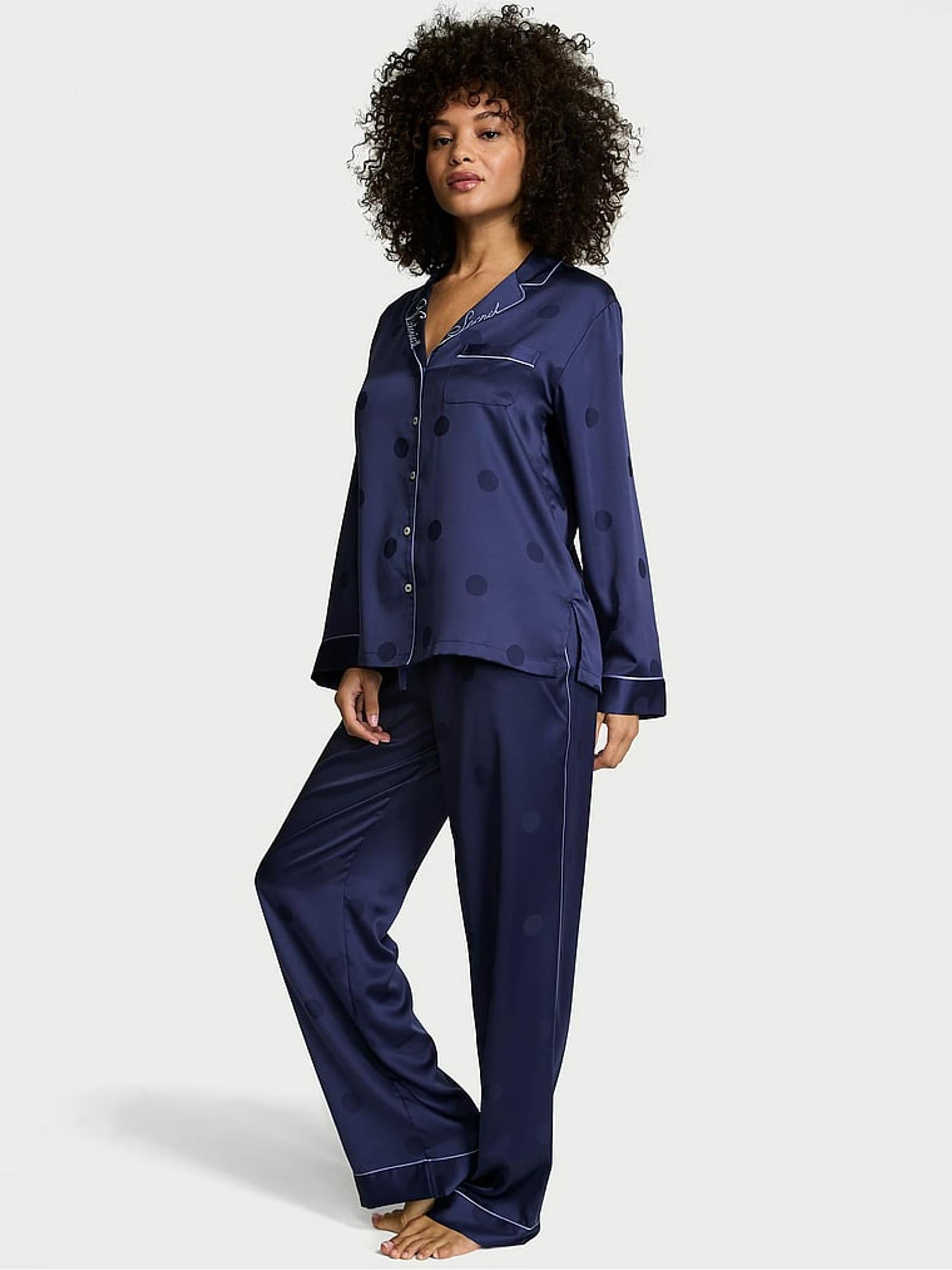 Пижама сатиновая Victoria's Secret Signature Satin Long Pajama Set Dark Blue Regular S Синий (27229729)