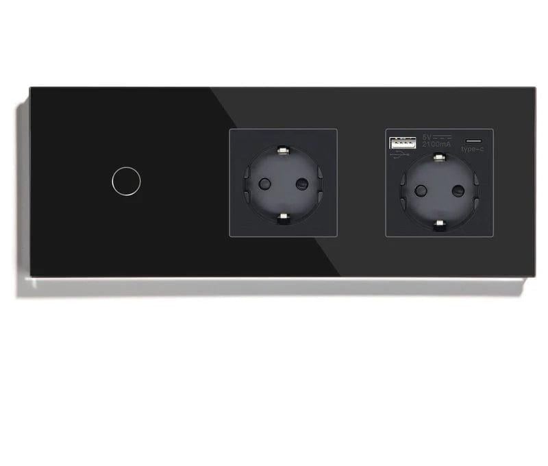 Выключатель проходной LUXION сенсорный с розеткой USB A+C 20Вт с заземлением/шторками стекло Черный