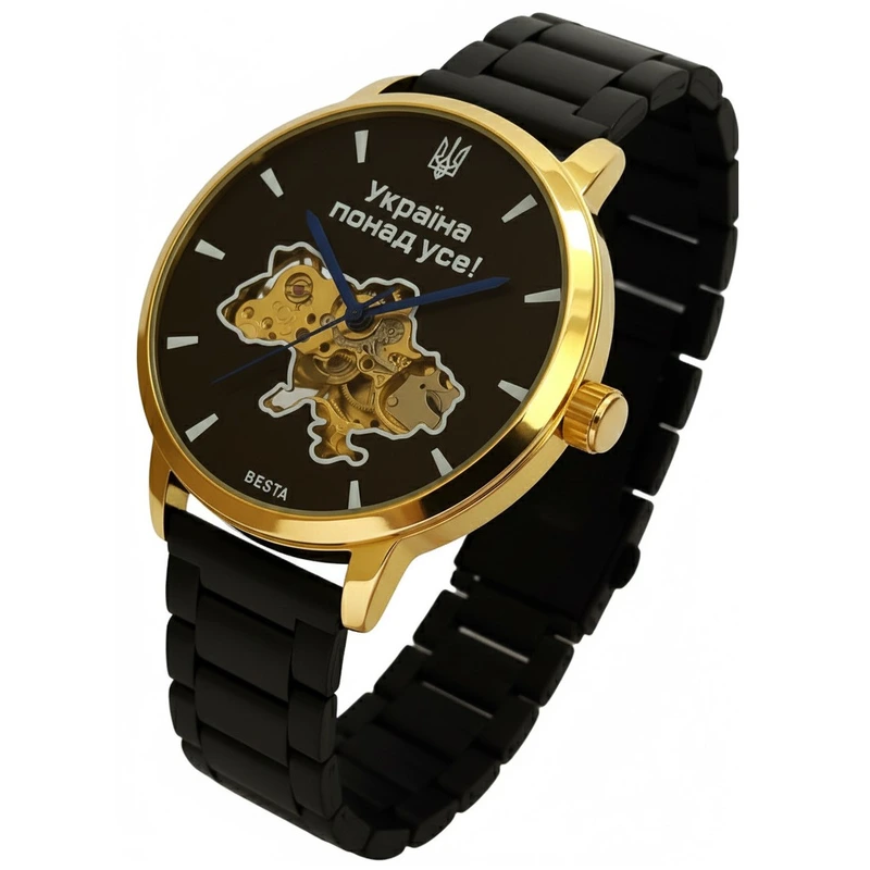 Годинник чоловічий механічний Besta Skeleton Gold Black Metal 2 ремінці (11204)