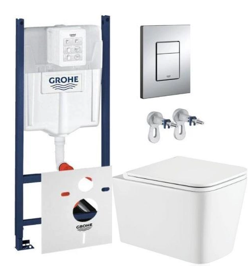 Инсталляция Grohe с квадратным безободковым унитазом 53 см Koller Pool Kvadro Tornado и сиденьем Slim Duroplast/Soft-close 5в1 (GKKT)