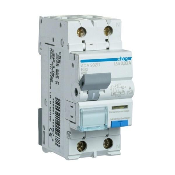 Дифавтомат Hager 2 полюса 6kA тип B 32A 30mA тип A ADA932D (74336)
