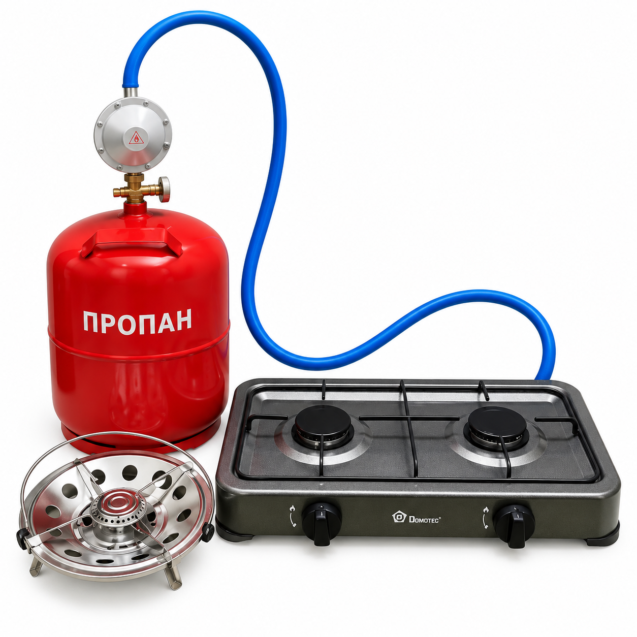 Газовая двухконфорочная плита с газовым баллоном 12 л/редуктором/шлангом и горелкой Красный/Черный (38131423)